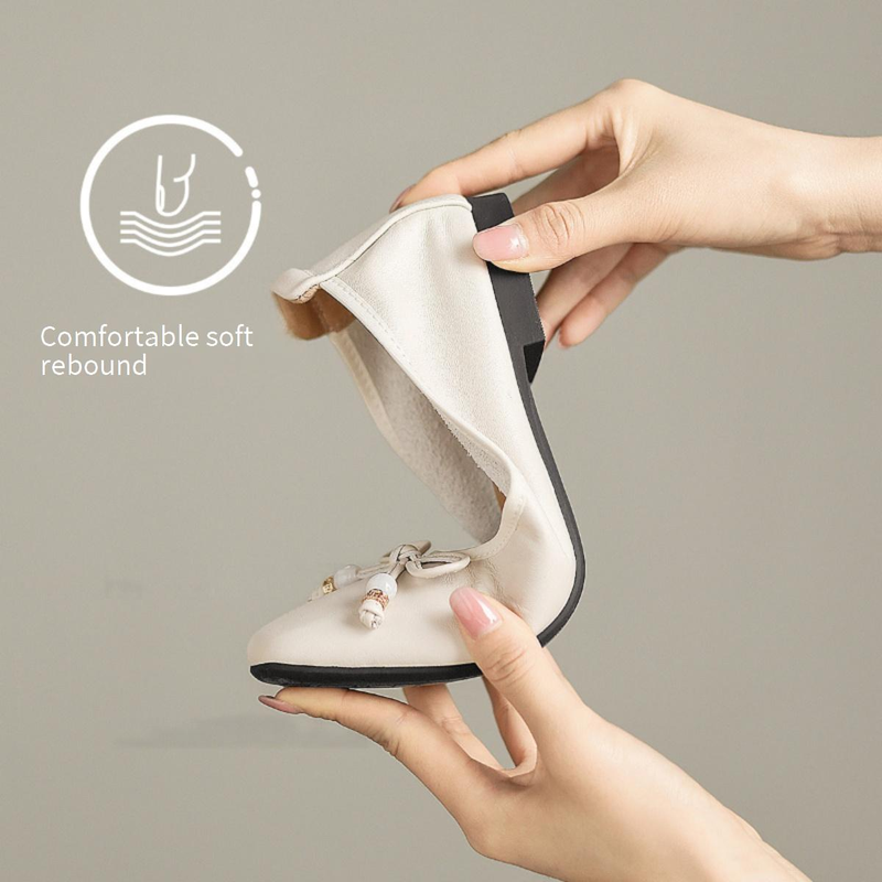 【Full Leather Inside And Out, Soft Sole And Soft Upper】Cameido 2025 Autumn Pearlized Lamb Leather Bow Flat Single Shoes_voghion.com