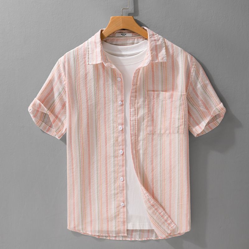Summer Men's Striped Simple Short Sleeved Shirt Trend Casual Loose Youth Versatile Men's Shirt_voghion.com