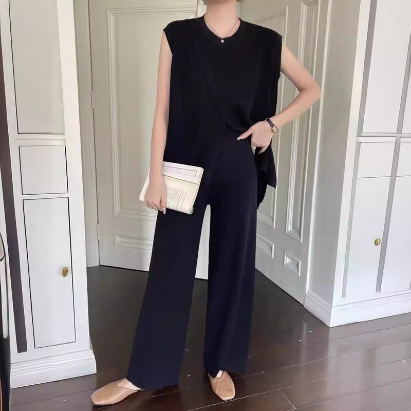 Pull rayé sans manches à col rond pour femme, haut deux pièces décontracté, taille haute, jambes larges_voghion.com