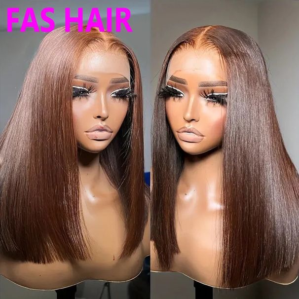 #4 Glatte Bob-Perücke – 100 % Echthaar-Spitzenperücke (braun, natürliches Aussehen, mittellang)_voghion.com