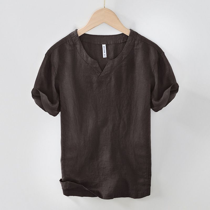 Maglietta da uomo retrò, elegante, in lino, tinta unita, con scollo a V, a maniche corte, semplice e casual._voghion.com
