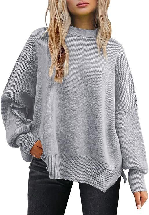 Gemütlicher Strickpullover mit Fledermausärmeln für Damen – weicher Acrylstoff, lockere Passform, seitliches Schlitzdesign, Rundhalsausschnitt, lange Ärmel, Weihnachts- und Herbstmode_voghion.com