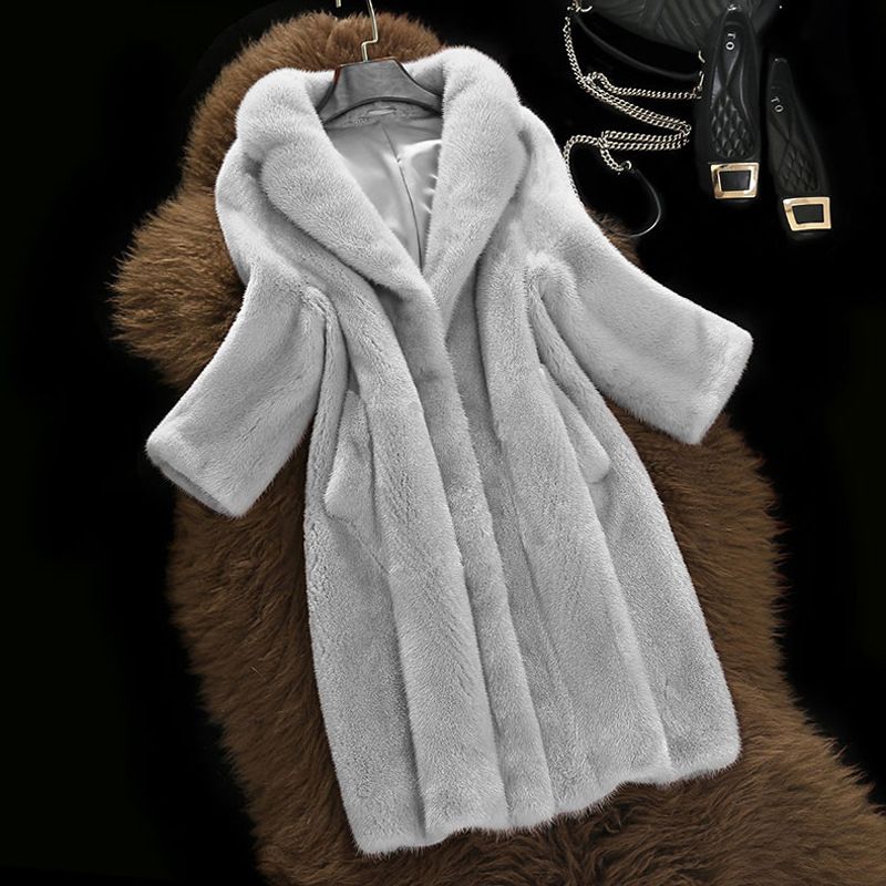 Women's Clothing Elegant Faux Rabbit Fur Coat Blazer Lapel Mid-Length Faux Mink Jacket - Soft & Luxurious Outerwear For Office Casual Wear_voghion.com
