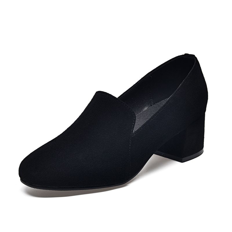 Hoge hakken voor dames, diepe ronde neus, stevige damesschoenen, zwart schapenvacht,_voghion.com