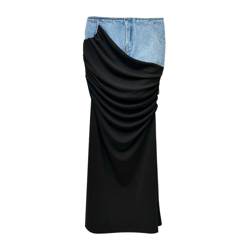 Modern high waisted half skirt for women, new black pleated patchwork design, long denim half skirt_voghion.com