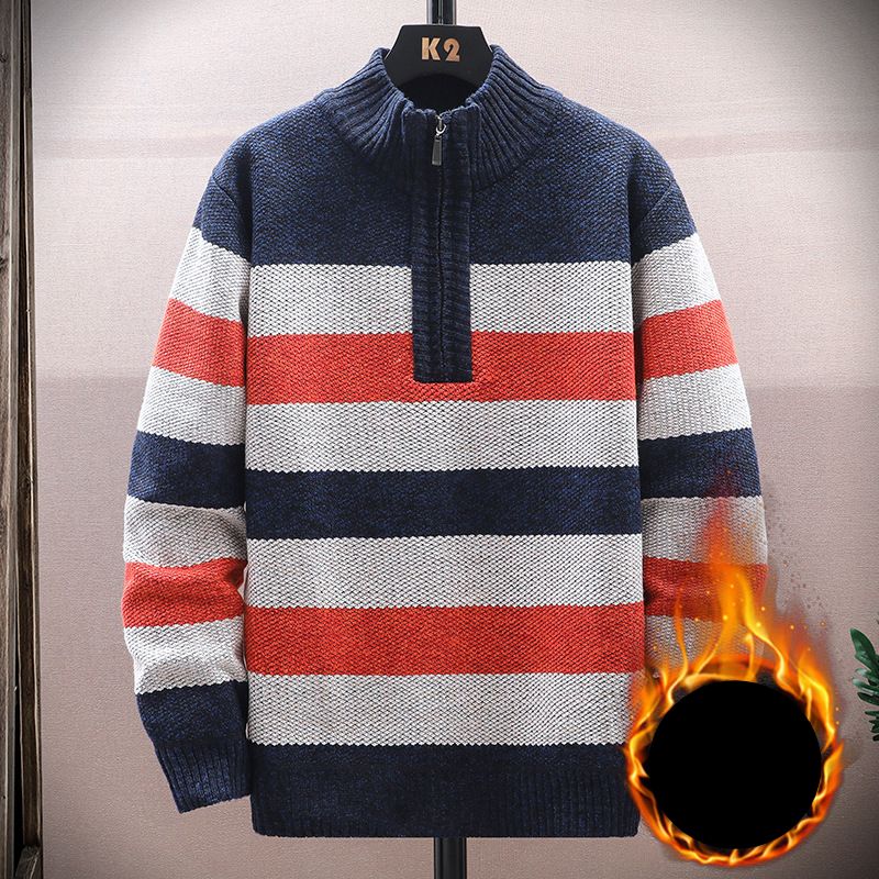 Herrenbekleidung Strickpullover Strickpullover Halbreißverschluss Pullover Fleecegefüttert Thermo Winter Rollkragen Lässiger Slim Fit Langarm Rundhalspullover_voghion.com