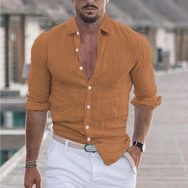 2023 neue männer Sommer Baumwolle und Hanf Polo Neck Strand Hemd Langarm Solide Hawaiian Urlaub Kleidung_voghion.com