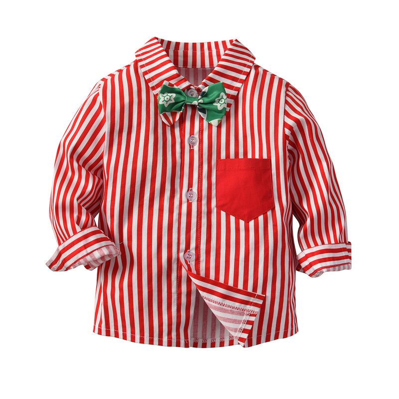Christmas Shirt Boys Striped Shirt Children's Christmas Bow Tie Party Cardigan_voghion.com