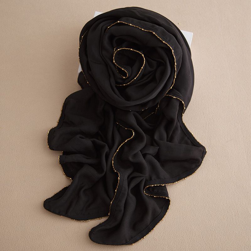 Sciarpa lunga patchwork in cotone e lino nero tinta unita all'ingrosso in stile coreano per donna, nuova moda primaverile_voghion.com