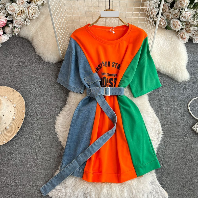Dameskleding Denim print patchwork shirt voor dames, nieuw zomers design, ronde hals, smalle taille, afslankjurk_voghion.com