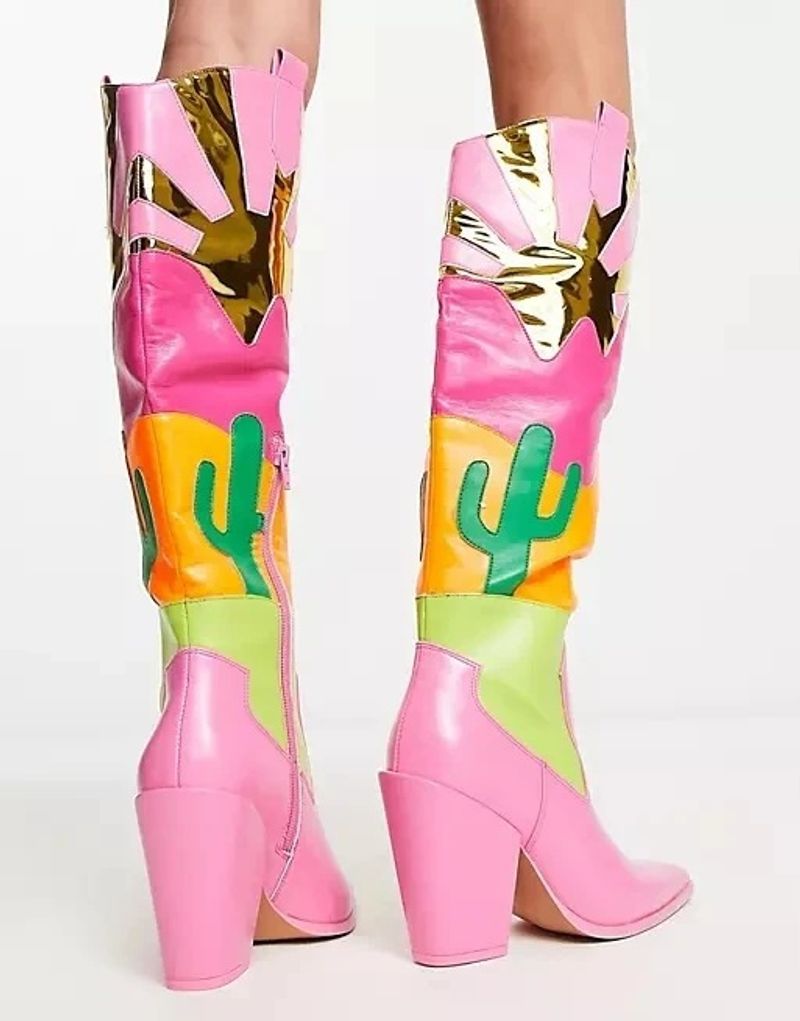 Damesschoenen Fashion Catwalk Dikke hak Multi Color Stitching Lange laarzen Damesschoenen Comfortabel en veelzijdig Lichtgewicht Straat Lage hak_voghion.com