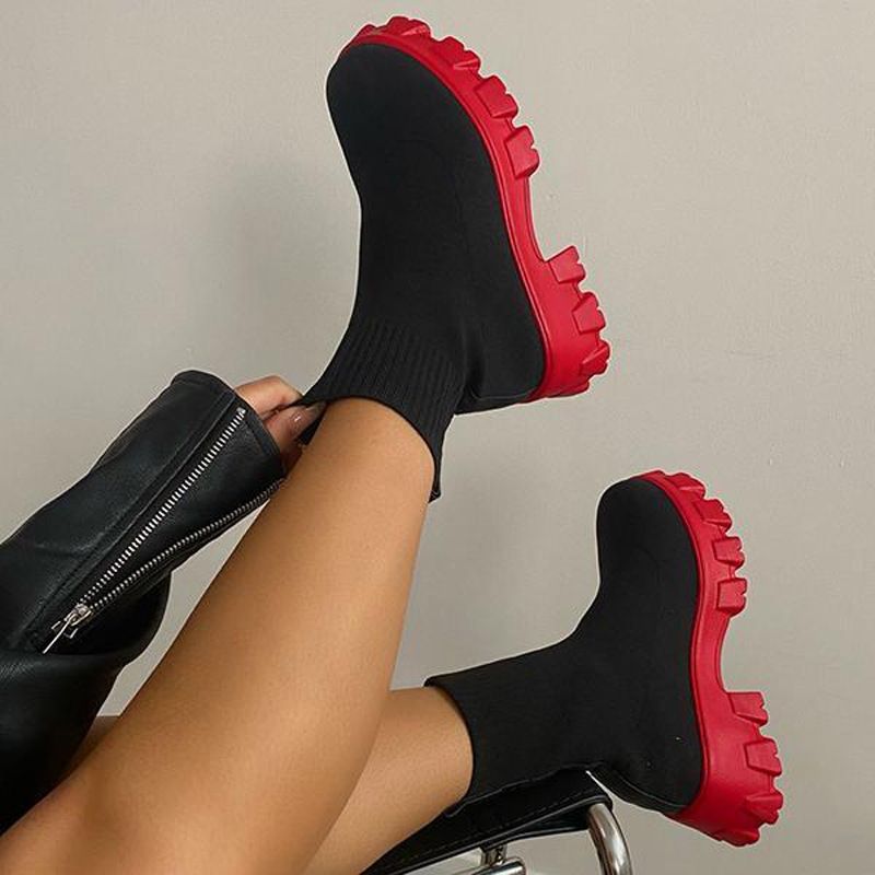 Scarpe da donna nuovi stivali Martin con punta tonda stivaletti corti in maglia autunno e inverno stivali con calzini medio-bassi con suola spessa di grandi dimensioni_voghion.com