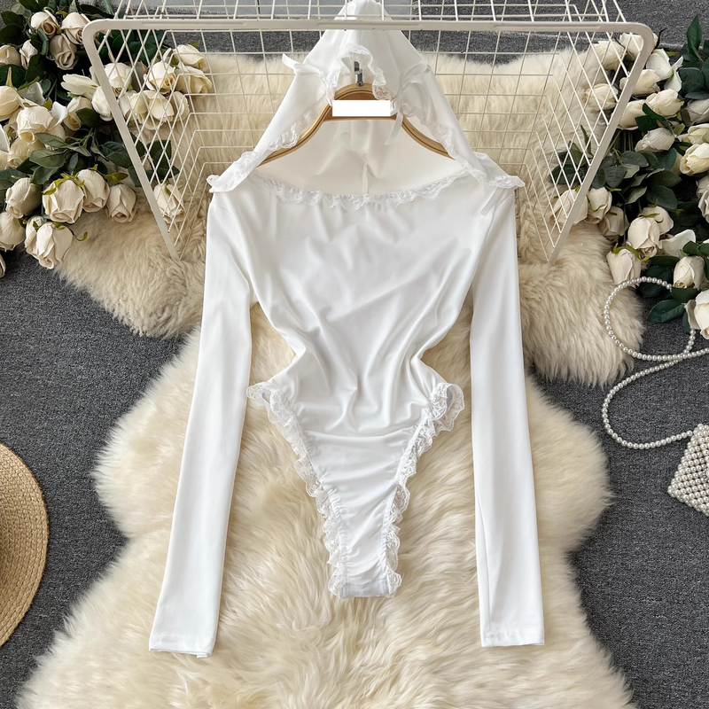 Women's Clothing Hot girl jumpsuit female ins hooded bottoming long sleeved T shirt pure desire sexy lace lace slim fit top_voghion.com