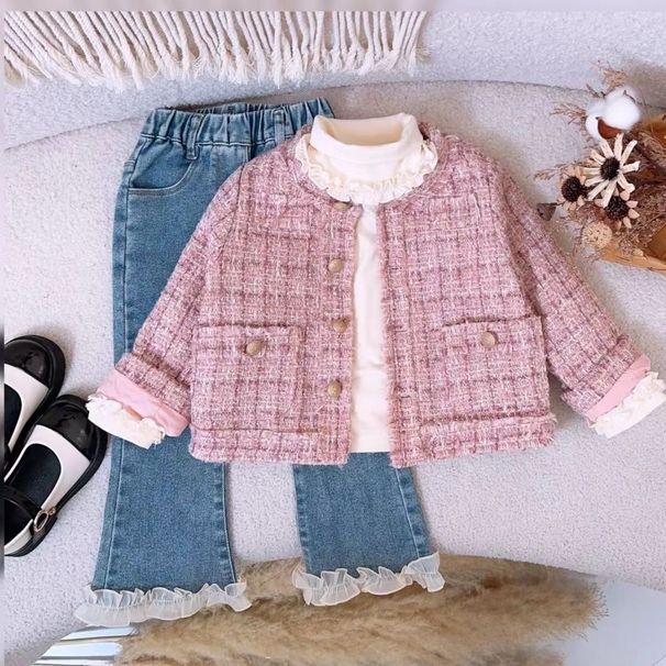 Girls' Autumn Suit Small Fragrance Style Coat Denim Bell Bottoms Spring And Autumn Three-piece Set Tide_voghion.com