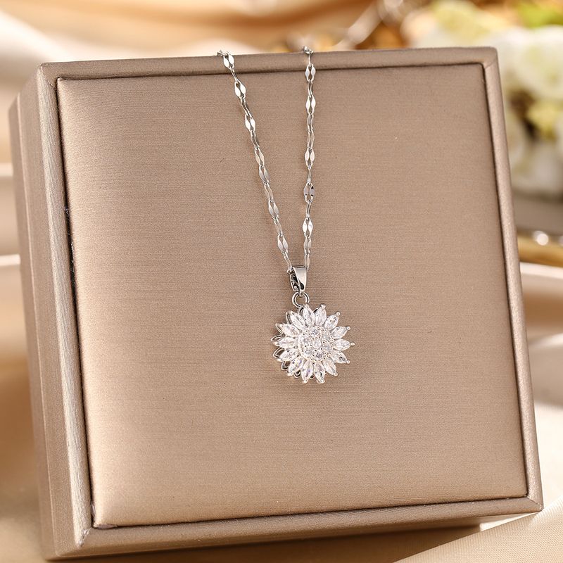 Collier rotatif, mode femme, luxe léger, pendentif tournesol, design unique, chaîne en acier titane doré_voghion.com