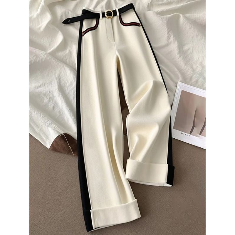 Pantaloni casual a vita alta e gamba larga da donna - Leggero misto poliestere con design a blocchi di colore, taglio dritto per uno stile disinvolto_voghion.com