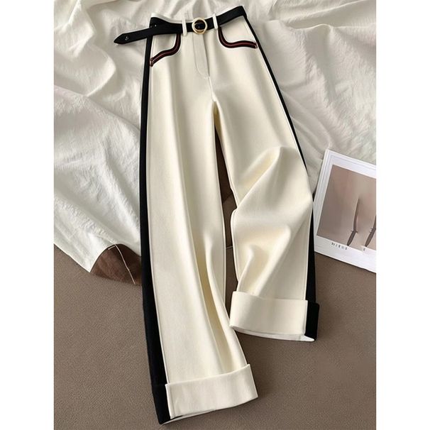 Pantaloni casual a vita alta e gamba larga da donna - Leggero misto poliestere con design a blocchi di colore, taglio dritto per uno stile disinvolto_voghion.com