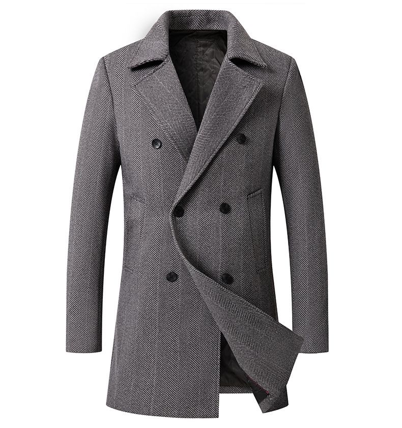 Herrenbekleidung Spot Herren Mittellange Woll- und Baumwolljacke Plaid Zweireihiger Wollmantel Herren_voghion.com