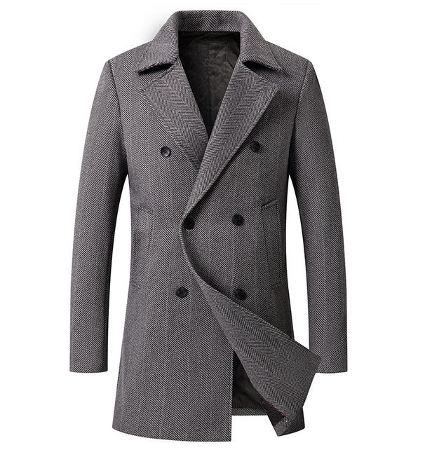 Herrenbekleidung Spot Herren Mittellange Woll- und Baumwolljacke Plaid Zweireihiger Wollmantel Herren_voghion.com