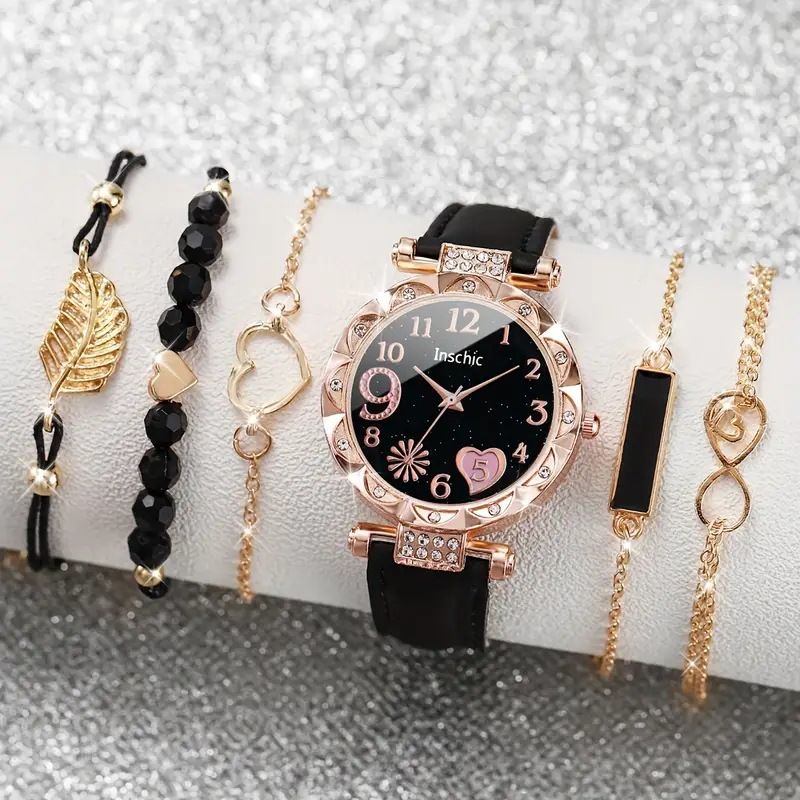 New style ladies diamond dial leather belt quartz watch beaded bracelet set 6pcs/set_voghion.com