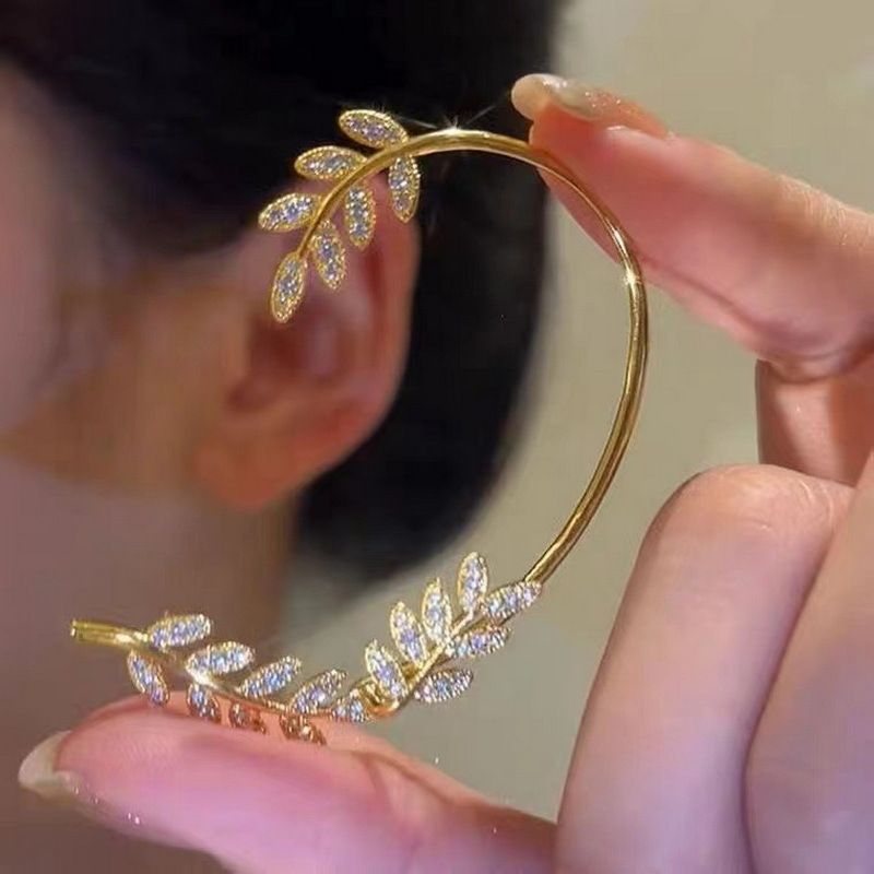 Single Leaf Inlaid Diamond Non-Pierced Women's Alloy Cuff Ear Hook Jewelry_voghion.com