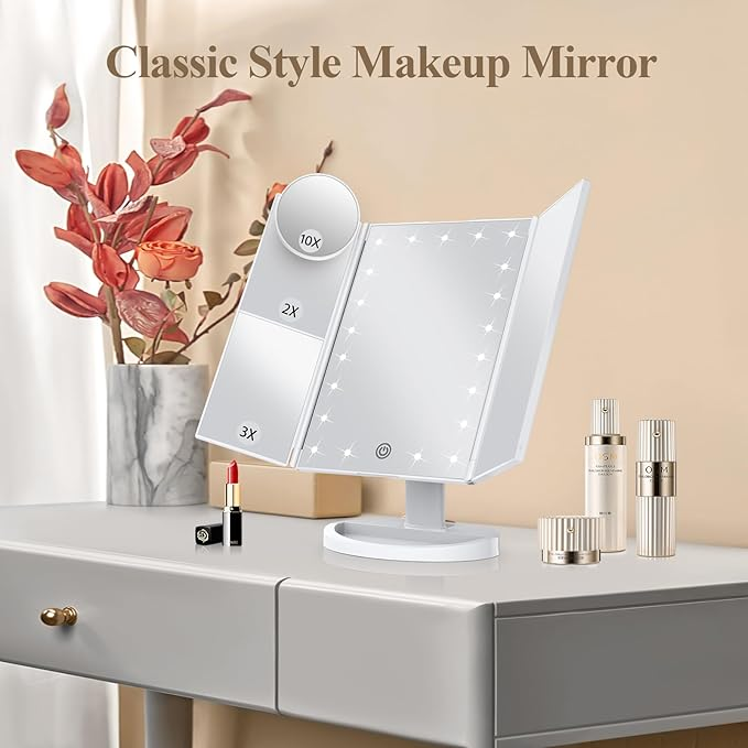 Tri-fold makeup mirror, dual power supply, portable LED makeup mirror_voghion.com