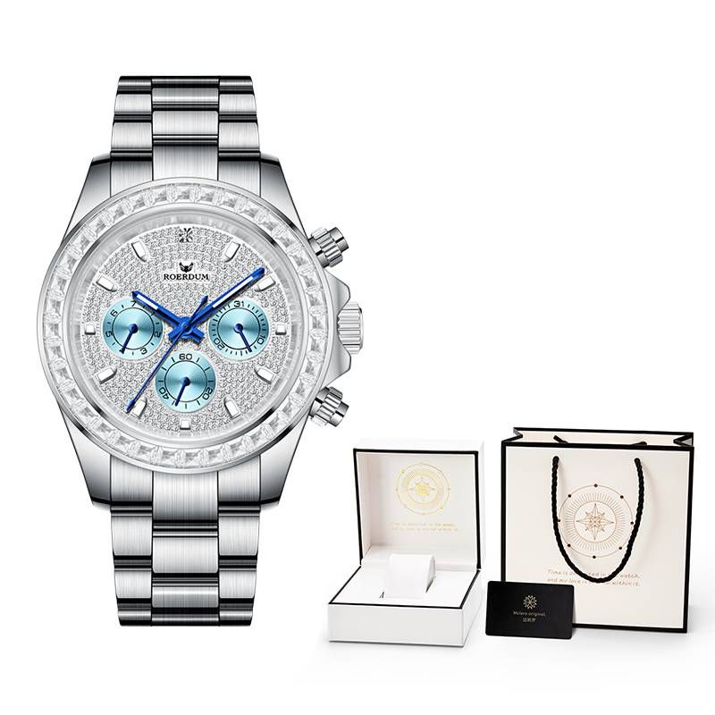 ROERDUM „Blue Heart Ice Series II“ – vyriškas mechaninis laikrodis su trimis chronografais – nerūdijančio plieno dirželis, sidabrinis ciferblatas, atsparus vandeniui, minimalistinis stilius_voghion.com