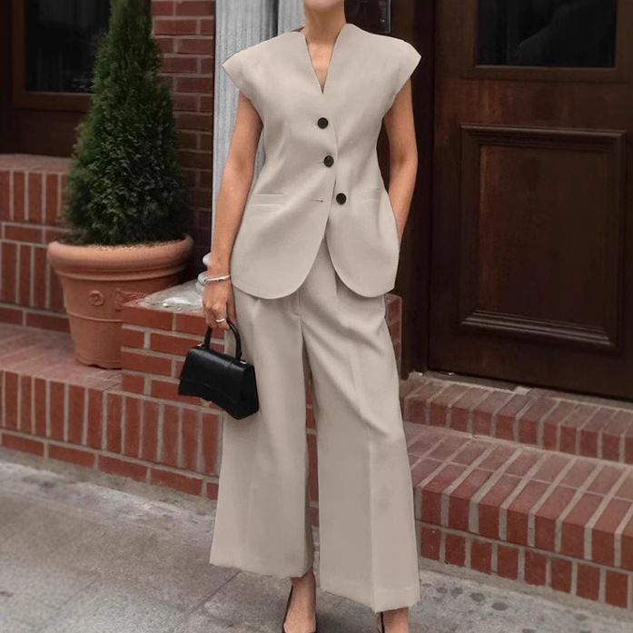 Damenbekleidung Mode Khaki Weste Weste Weite Hose Zweiteiliger Anzug_voghion.com