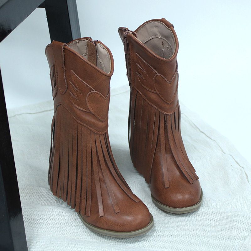 Kinderschoenen Europese en Amerikaanse herfst en winter nieuwe mode microvezel zijrits kwastje liefdesvleugels zachte hoge top meisjeslaarzen_voghion.com