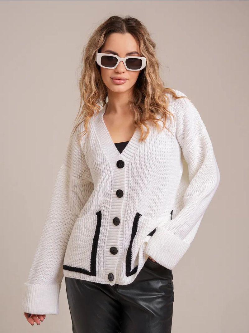 Cardigan en maille contrastée à poches, pull col V grande taille pour femme_voghion.com