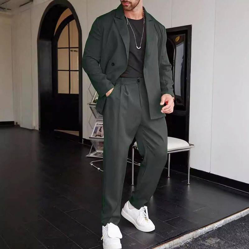 Abbigliamento maschile semplice tinta unita stile europeo slim button abito manica lunga giacca pantaloni due pezzi abito WL008+MR7_voghion.com