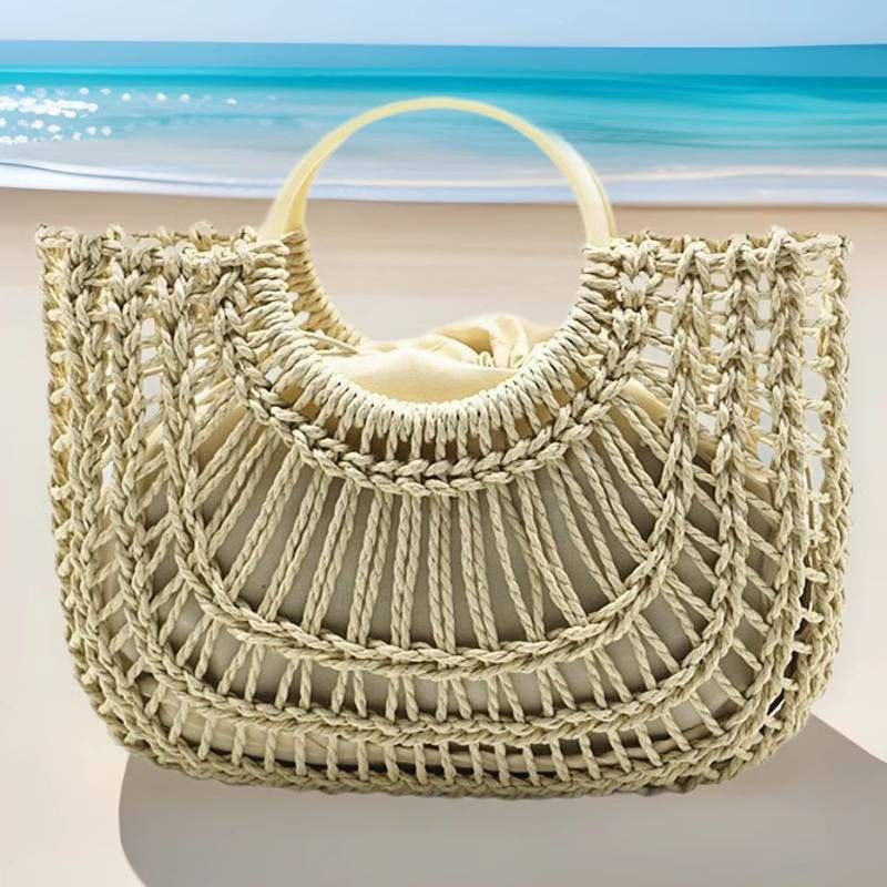 Nuevo bolso de paja tejido tipo cesta, bandolera de playa, bolso de mano hueco_voghion.com