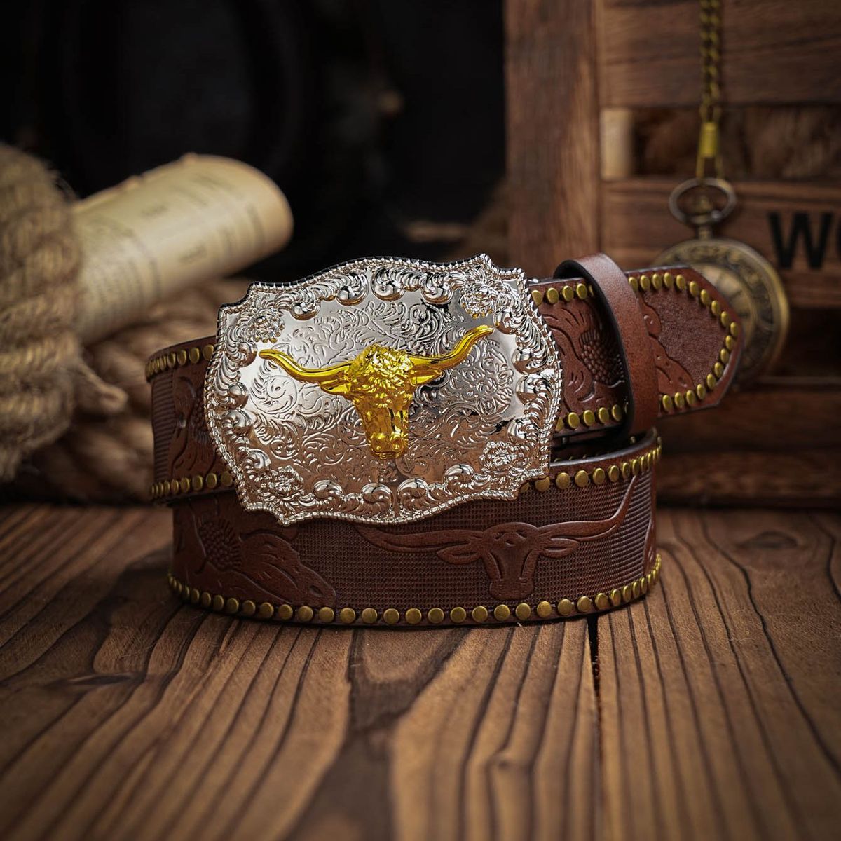 HOT Western Cowboy PU Leather Belt - Men Waist Strap Bull Decoration Floral Engraved for Jeans_voghion.com