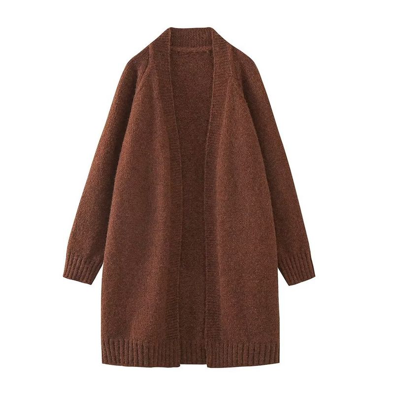 Damen 2023 Herbst neue Kaffeefarbe lässig gestrickte lange Jacke_voghion.com