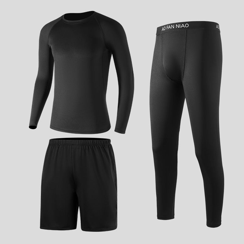 LazyZoom Fitness Training Sports Running Set For Men Breathable Quick-Dry Gym Clothing Three-Piece Yoga Tight Long Sleeve Sweat_voghion.com
