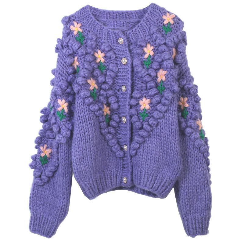 Women's Clothing autumn and winter new women's sweater button hand hook flower handmade loose round neck long sleeve knitted cardigan jacket_voghion.com