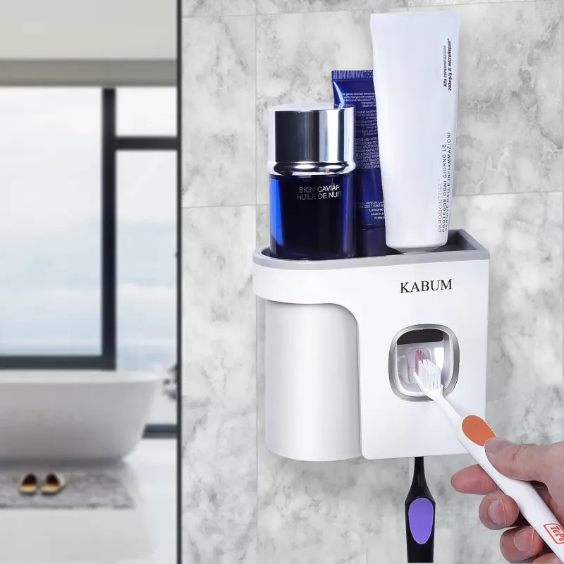 Aan de muur bevestigde tandenborstelhouders, tandpasta dispenserbeker, automatische tandpasta knijper, ideale badkameraccessoires_voghion.com