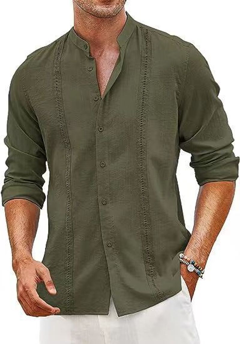 Men's Clothing Men's Cotton And Linen Blended Cardigan Button Solid Color Daily Casual Stand Up Collar Long Sleeved Shirt_voghion.com