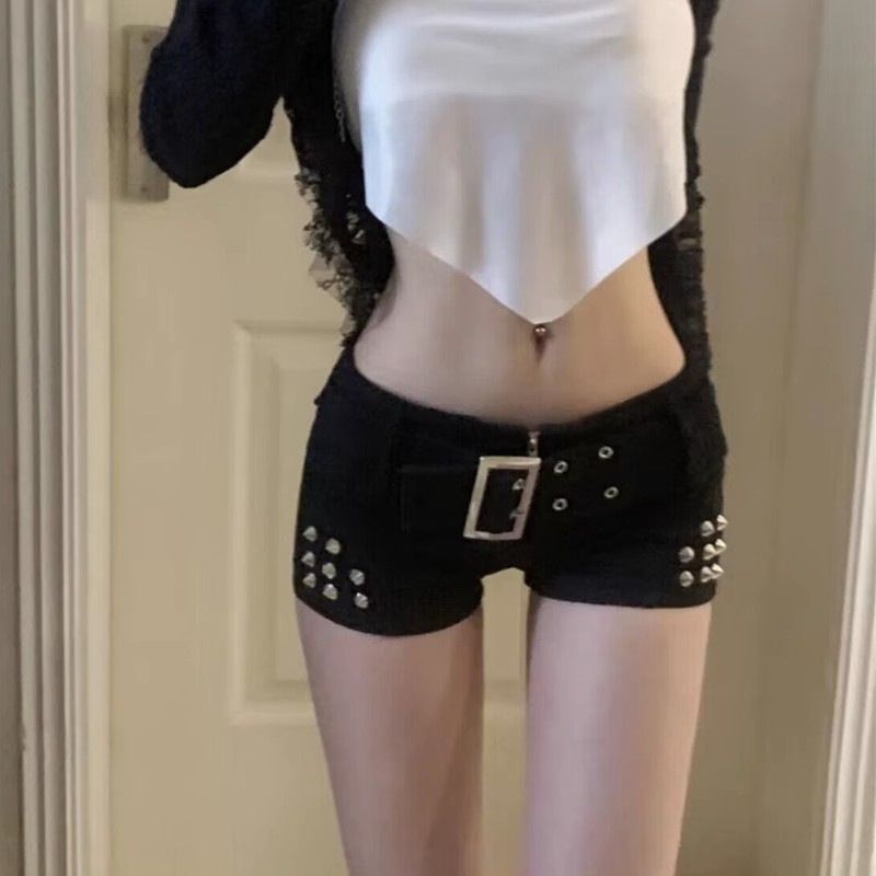 2025s Spicy Girl Dark Y2K Studded Low Waist Ultra Short Denim Shor For Women New Pure Desire Versatile Tight Bodycon Hot_voghion.com