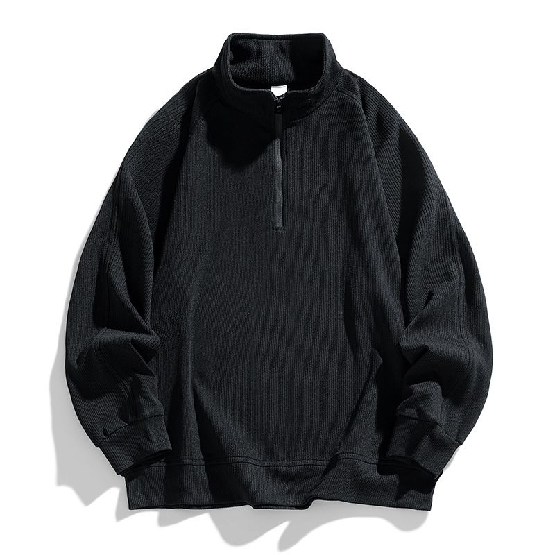 Herren-Sweatshirt mit Stehkragen und Strukturmuster – Unisex-Pullover mit halbem Reißverschluss und lockerer Passform_voghion.com