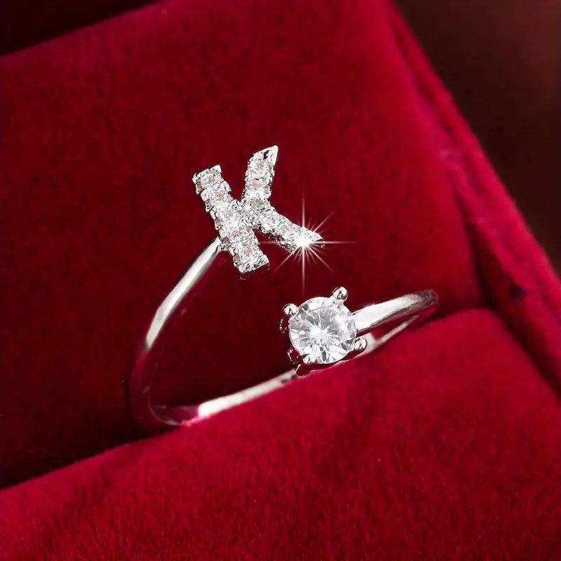 Anello aperto semplice da donna in rame placcato 14K con 26 lettere inglesi in micro set di zirconi alla moda_voghion.com