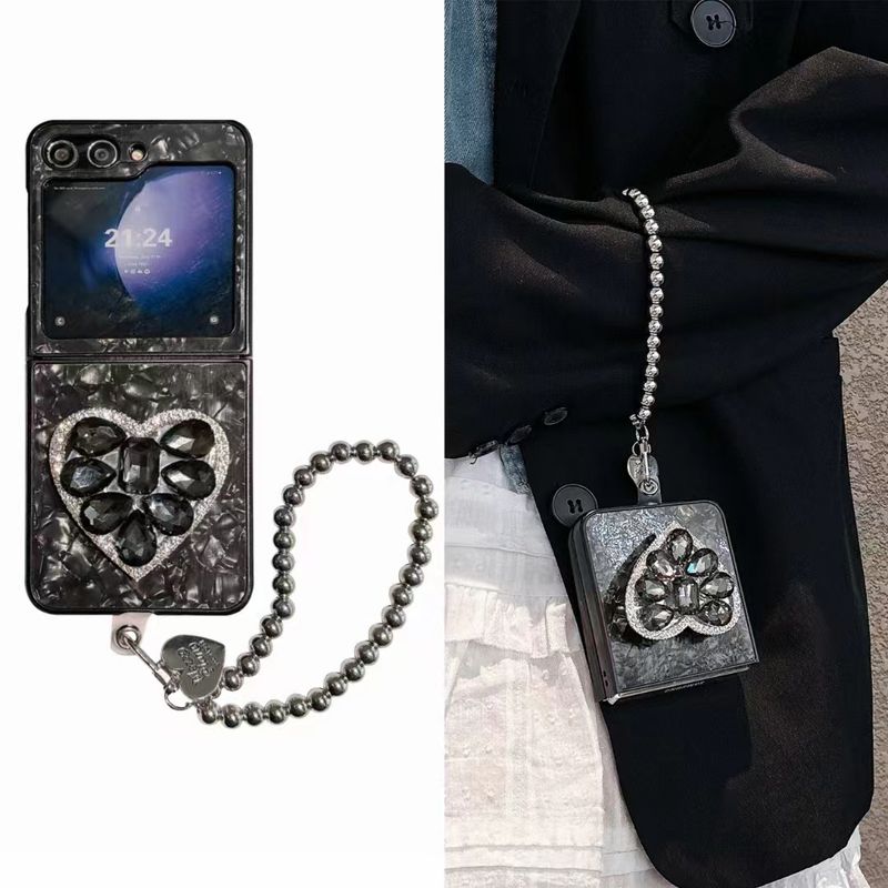 For Samsung Galaxy Z Flip 3 4 5 5G Luxury Shell Diamond Stone Crystal Heart Holder Stand Wrist Chain Strap Phone Case Cover_voghion.com