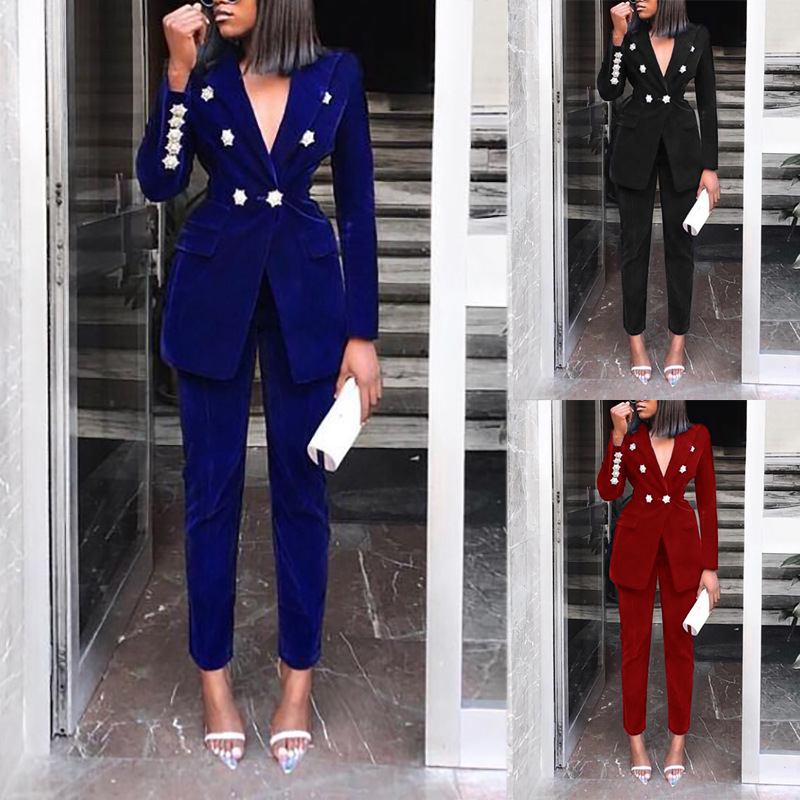 women's solid color long-sleeved versatile casual trousers small suit suit_voghion.com