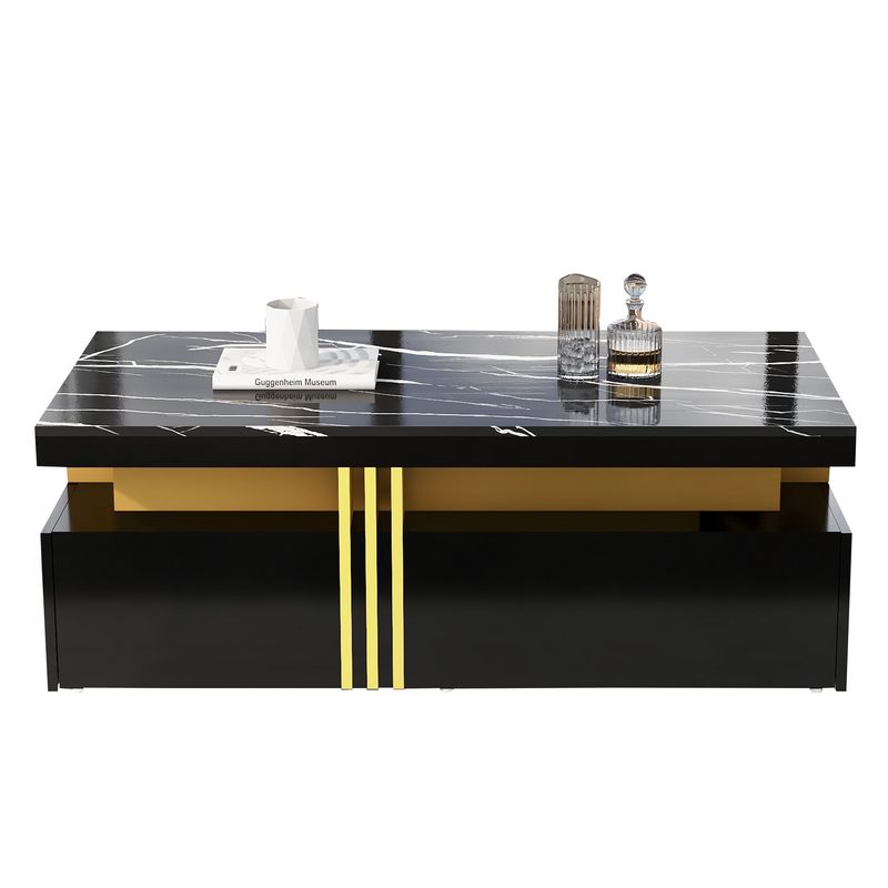 (≈N625P173142B Materiali e immagini modificati)Moderner Rechteckiger Couchtisch Mit Hochglanzplatte Mit 2 Holzschubladen, Marmorierte Tischplatte, Für Wohnzimmer, 100*50*40 Cm_voghion.com