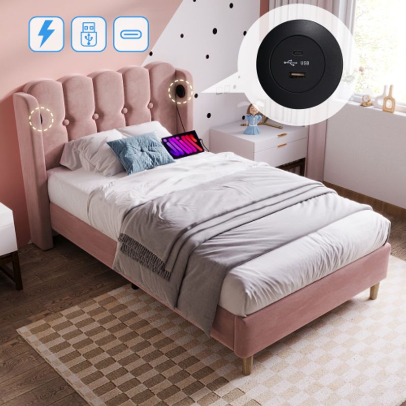 Polsterbett Einzelbett Mit USB Typ C Ladefunktion, Bettgestell Mit Lattenrost , Gepolstertes Bett In Rosa,90 X 200 Cm Bettrahmen Jugendbett Für Schlafzimmer Gästezimmer-Samt_voghion.com