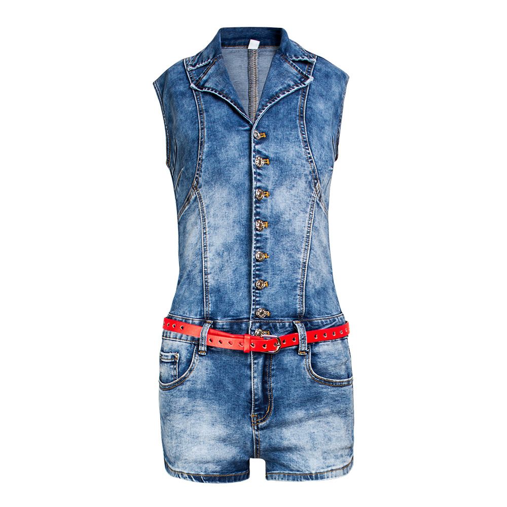 Women's single breasted sexy waist slimming denim romper shorts_voghion.com