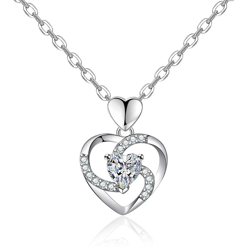 Ciondolo a forma di cuore placcato in argento con strass intarsiati, catena per clavicola, semplice collana cava_voghion.com