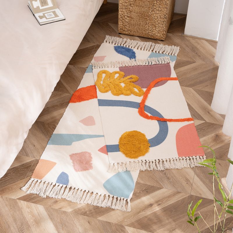 Handgefertigter getufteter Juteteppich aus Baumwolle – Wendbare ethnisch-geometrische Bodenmatte für Nachttisch/Wohnzimmer (60 x 90/130 cm mit Fransen)_voghion.com