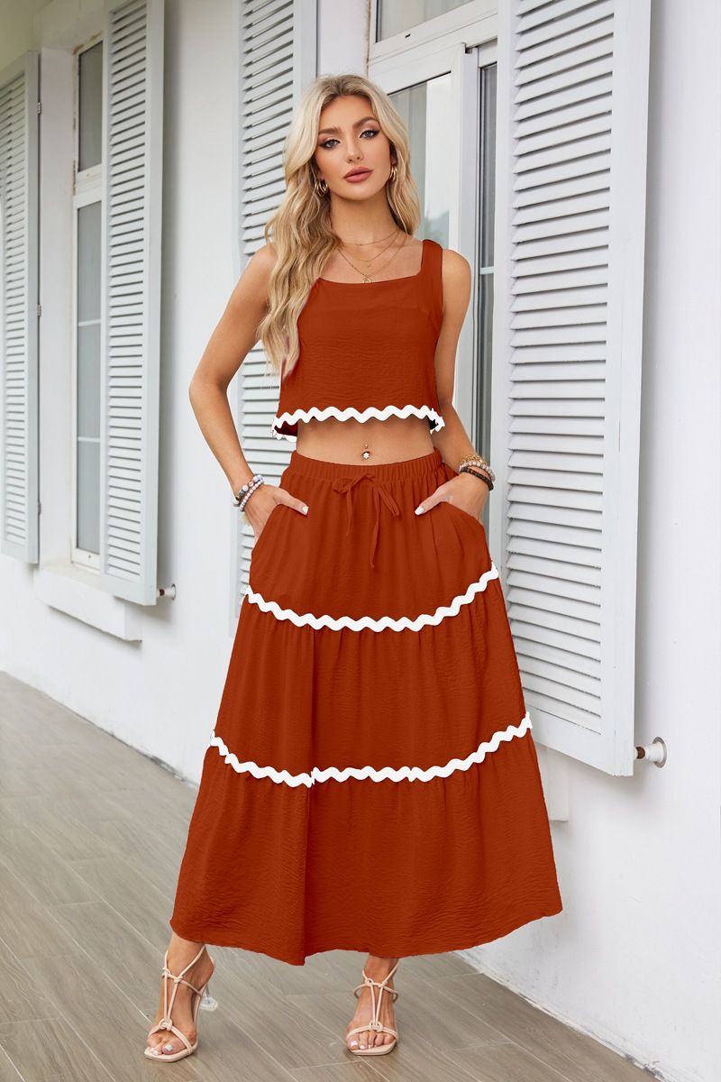 Vêtements pour femmes en dentelle, ensemble gilet court sans manches, taille haute, jupe longue_voghion.com