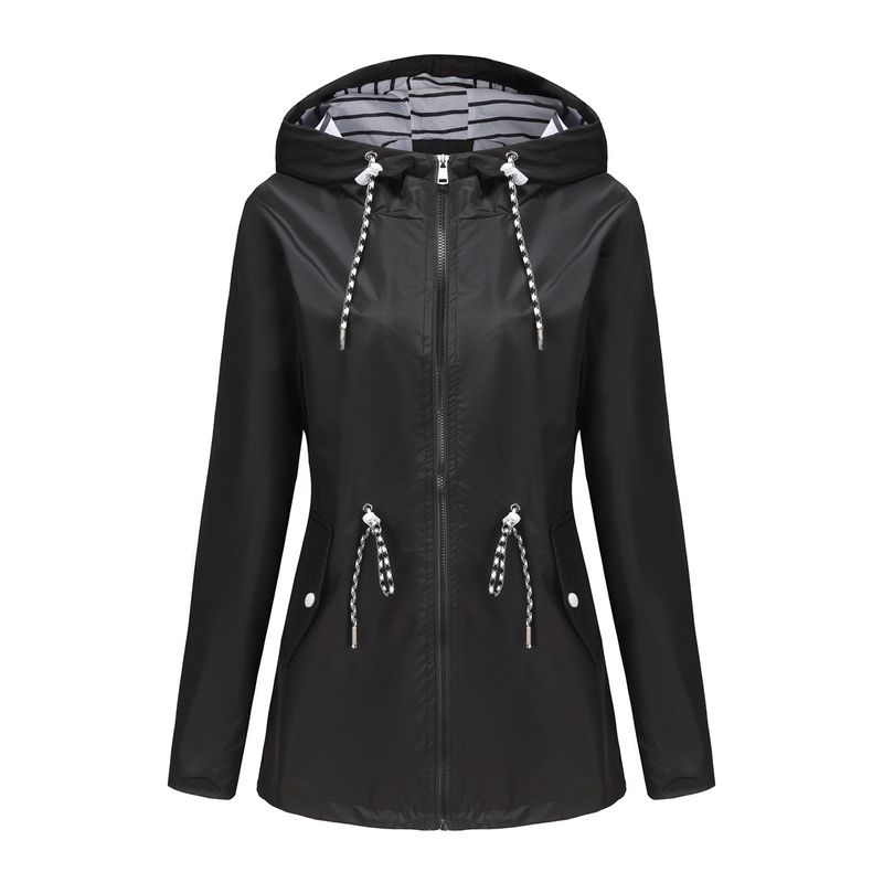 Neuer Damen Trenchcoat mit langen Ärmeln, wasserabweisend, mittellang, mit Kapuze, große Größe, mit gestreiftem Futter_voghion.com